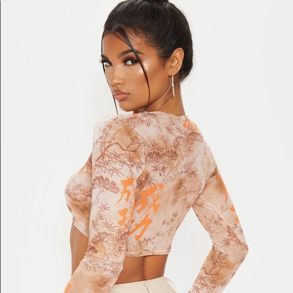 Pretty Little things Orange Tie Dye Printed Mesh Long Sleeve Crop Top - Picture 2 of 5